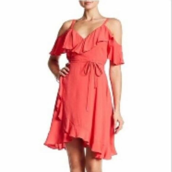 Cupcakes and Cashmere Morena Ruffle Wrap Dress Hot Coral Pink Size 8 - Picture 4 of 8